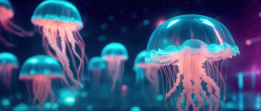 Wide angle photo of beautiful luminous jellyfish floating in the mysterious sea. Breathtaking underwater scene.