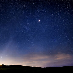 Landscape meteor shower in the starry sky