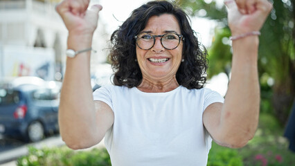 Middle age hispanic woman smiling confident celebrating at park