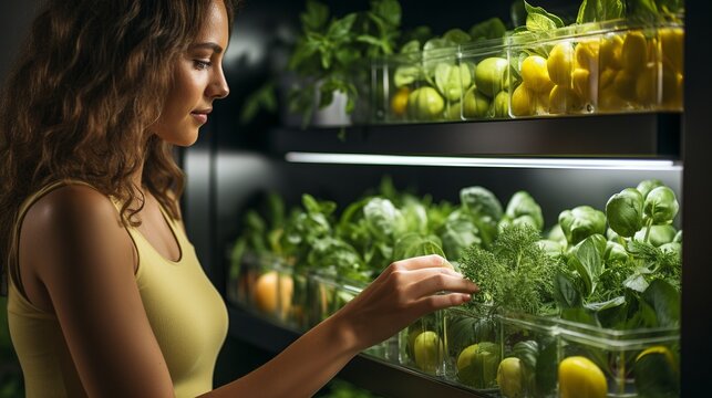 Healthy meal concept with a happy woman pulling a fresh lemon from the refrigerator..