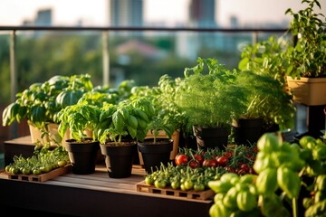Fototapeta na wymiar Urban Garden on an Eco-Friendly Balcony Featuring Rosemary, Generative Ai