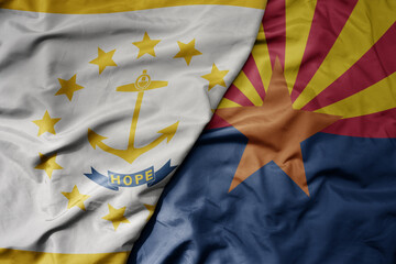 big waving colorful national flag of arizona state and flag of rhode island state .