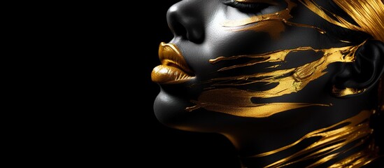 young beautiful female with golden paint make up on black background, generative AI