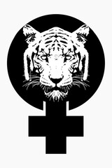 Design for a tiger face t-shirt on the symbol of feminism in black and white. vector illustration for the fight of human rights.