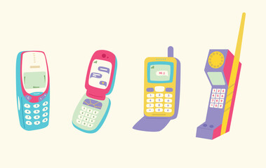 Set with retro mobile phone devices. Mobile phones with buttons. Cute and stylish from 90s. Hand drawn vector illustration. Vintage electronics. Flip phone