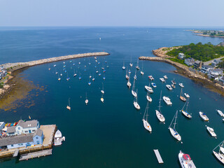 Rockport Harbor aerial view including Bearskin Neck and Motif Number 1 building in historic...