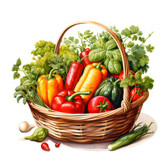 Vegetables in Wicker Basket, Illustration for Children's Book