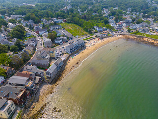 Front Beach aerial view at Sandy Bay in historic waterfront village of Rockport, Massachusetts MA, USA. 