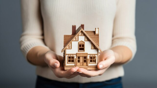 Woman Holding a Miniature House. Generative ai