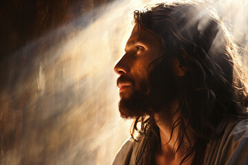 A close-up of Jesus' silhouette with a peaceful expression, conveying a sense of inner tranquility 