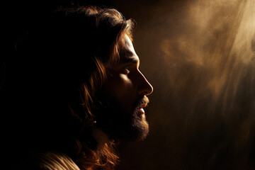 A close-up of Jesus' silhouette with a peaceful expression, conveying a sense of inner tranquility 