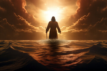 The silhouette of Jesus walking on water, capturing the miraculous and divine nature of his presence 
