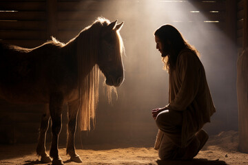 The silhouette of Jesus in a humble stable, resonating with the humility and compassion of his message  - obrazy, fototapety, plakaty