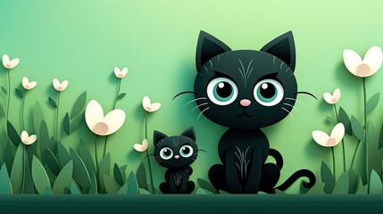 creative illustration of two cute cats on green background.