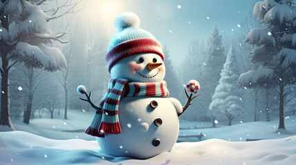 Fototapeta premium a cute little snowman with hat and scarf in cartoon look.