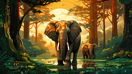 creative illustration of elephants in the jungle forest at a water source.