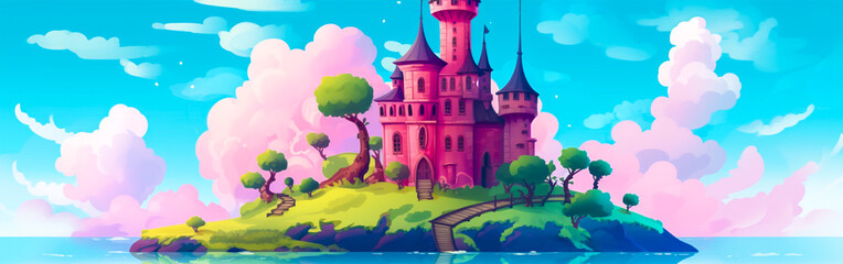 Pink magic castle on a floating island in the blue sky with fluffy clouds. Fantasy summer landscape with royal palace and objects flying on the ground with green grass in the sky, cartoons