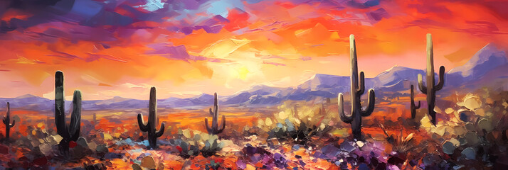 Abstract desert landscape at sunset.  Saguaro cactus in the desert with brilliant sunset colors.