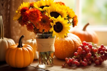 Naklejka na ściany i meble Thanksgiving in vase decor with pumpkins, sunflowers.