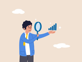 Economic or improvement concept. Company transparency, business analysis or report, information or statistic, search for market growth, businessman look through magnifying glass analyze graph.