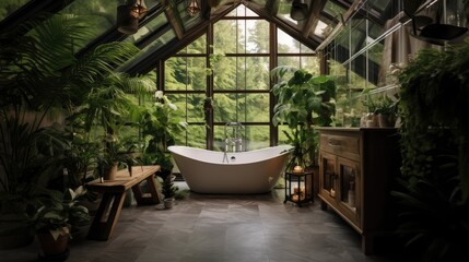 Bright and Elegant attic glass bathroom with bathtub and subway tile and a variety of green plants of deep forest style, Generative AI