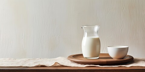 Fototapeta na wymiar Fresh Milk in glass and jug on wooden table. Portrait of Health and Purity