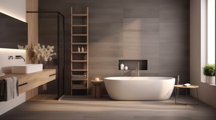 Obraz na płótnie Canvas Modern Interior of bathroom with a shower area and bathtub, Generative AI