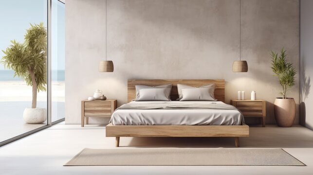 Interior design of modern bedroom with wooden bed with  concrete floor, Generative AI
