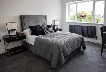 Modern bedroom, cosy room with grey bed