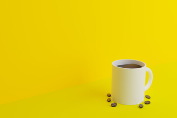 white mug on yellow background with coffee beans.3drender