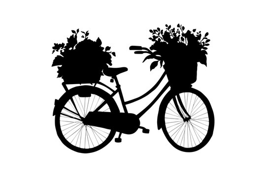 Vector silhouette Bicycle with a basket full of flowers. Trendy romantic vintage sticker isolated on white background	

