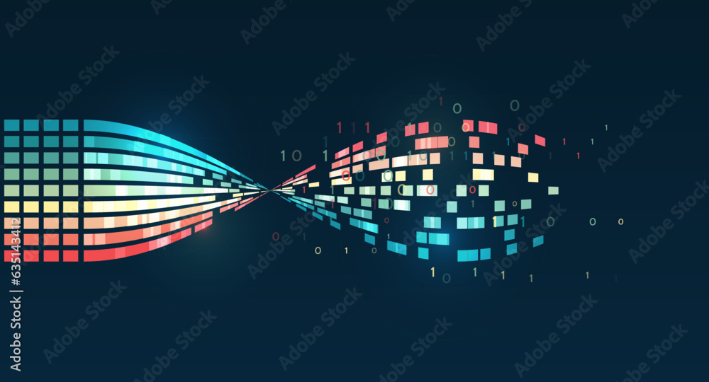 Poster Structuring the flow of information. Data analytics concept. Sorting a large amount of data on a dark background. Big data visualization. Futuristic network or business analytics.
