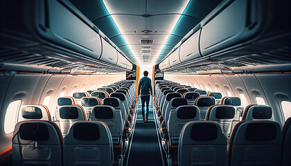 Ängste überwinden im Flugzeug mit Angst umgehen lernen mit Therapie, Person steht allein im Gang von Flugzeug Generative AI  - obrazy, fototapety, plakaty