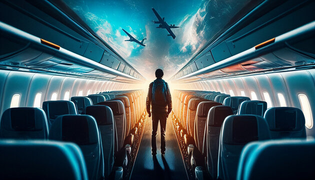 Angst vorm Fliegen mit einem Flugzeug, Therapie H&ouml;henangst Person allein im Flugzeug von hinten Generative AI 