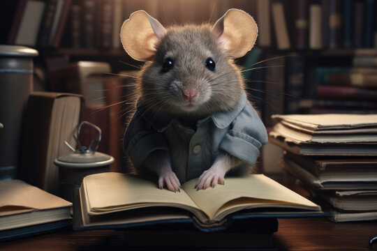 The gray mouse is sitting with books