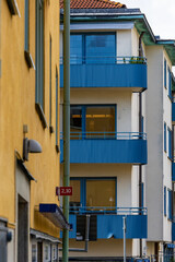 Stockholm, Sweden Colorful 1950s funkis style facades and balconies in the Gardet district.
