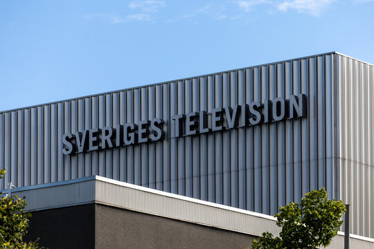Stockholm, Sweden The Swedish Television logotype and sign on the headquarters building.