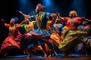 The spirited dance of a group of performers dressed in vibrant African attire, capturing the energy and rhythm of African culture  - obrazy, fototapety, plakaty
