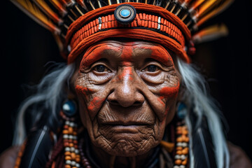 Obraz premium A close-up portrait of an indigenous elder adorned in intricate tribal clothing, symbolizing the wisdom and heritage of native cultures 