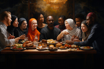 A dynamic scene of people from different nationalities gathered around a table, enjoying a meal together in a spirit of unity  - obrazy, fototapety, plakaty