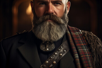 A close-up portrait of a man wearing a kilt, representing the rich heritage and traditions of Scottish culture  - obrazy, fototapety, plakaty