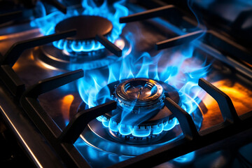 gas stove burns with blue flame close up 