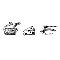 Saucepan, cheese, plate of noodles. Vector isolated on white background.