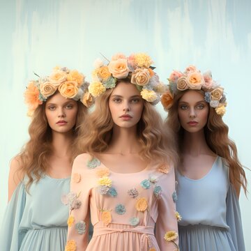Three elegant girls walk with their beautiful flower crowns on their heads, creating a colorful and delicate vision. Flowers of various pastel colors create a feeling of freshness and vitality.