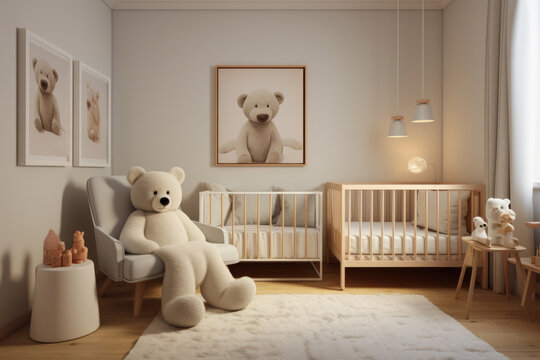 The interior of a children's bedroom with cots and soft toys