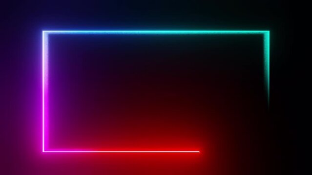 Square rectangle picture frame with colorful motion graphic on black background. Abstract glowing neon frame.  4K footage video effect seamless looped 3d animation of shining light plasma lines. 