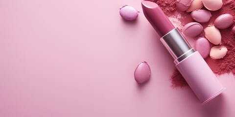 cosmetic products on pink background lipstick cream powder eyeshadow women fashion makeup products - obrazy, fototapety, plakaty