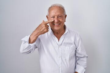 Senior man with grey hair standing over isolated background pointing with hand finger to face and nose, smiling cheerful. beauty concept