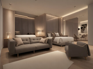 3d rendering luxury living room and bedroom with sofa and armchair