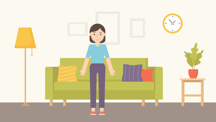 Female character standing in the living room. Interior with sofa modern flat vector. 